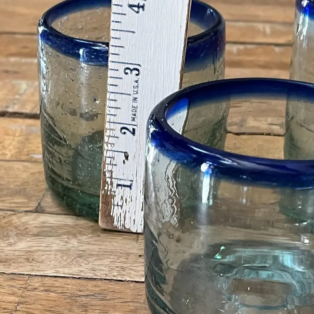 Hand-Blown Mexican Short Tumblers Set of 3 Clear Blue Rim